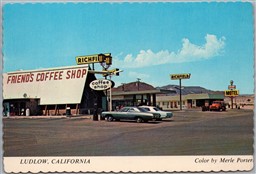 Postcard Ludlow California Friend's Coffee Shop Old Cars Truck Richfield