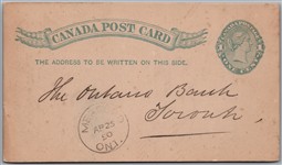 Postal Stationery c1890 Meaford Ontario Molsons Bank to Toronto Webb# P7c