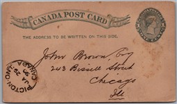 Postal Stationery c1890 Picton Ontario to Chicago Illinois Split Ring Cancel P7c