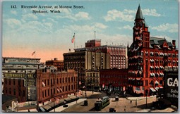 Postcard Spokane Washington Riverside Avenue at Monroe Street Trolly Car Flags