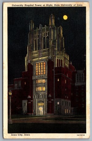 Postcard Iowa City IA c1931 University Hospital Tower at Night State University