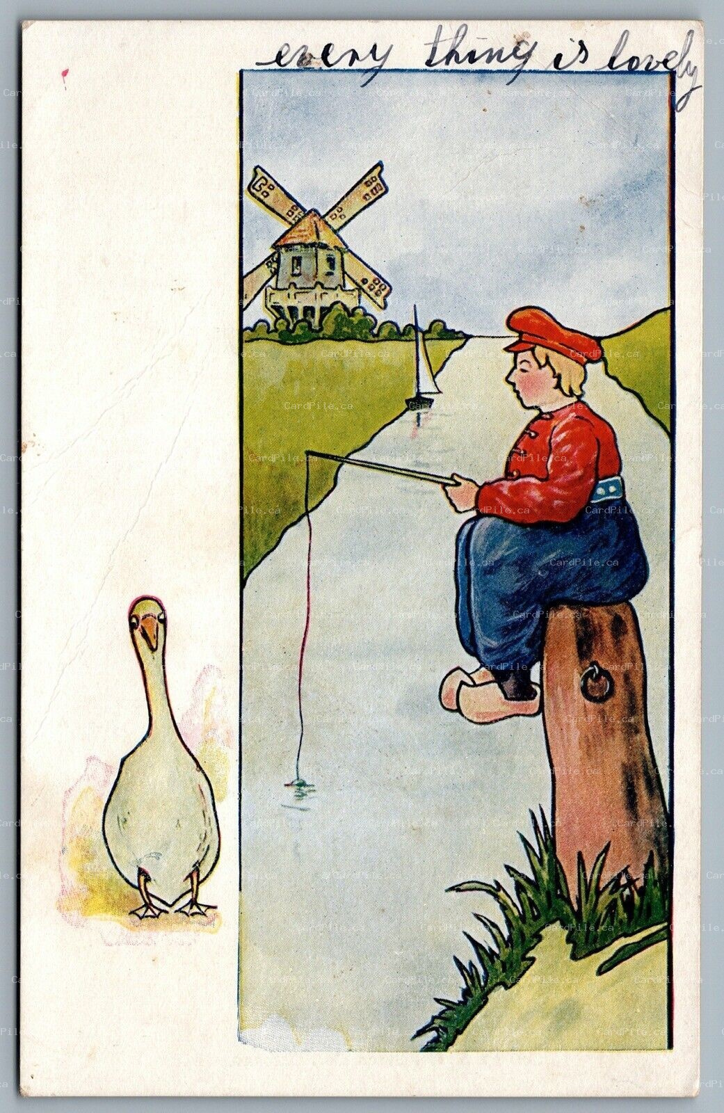 Postcard c1905 Dutch Boy Fishing In a River Duck Dutch Windmill J. I. Austen Co.