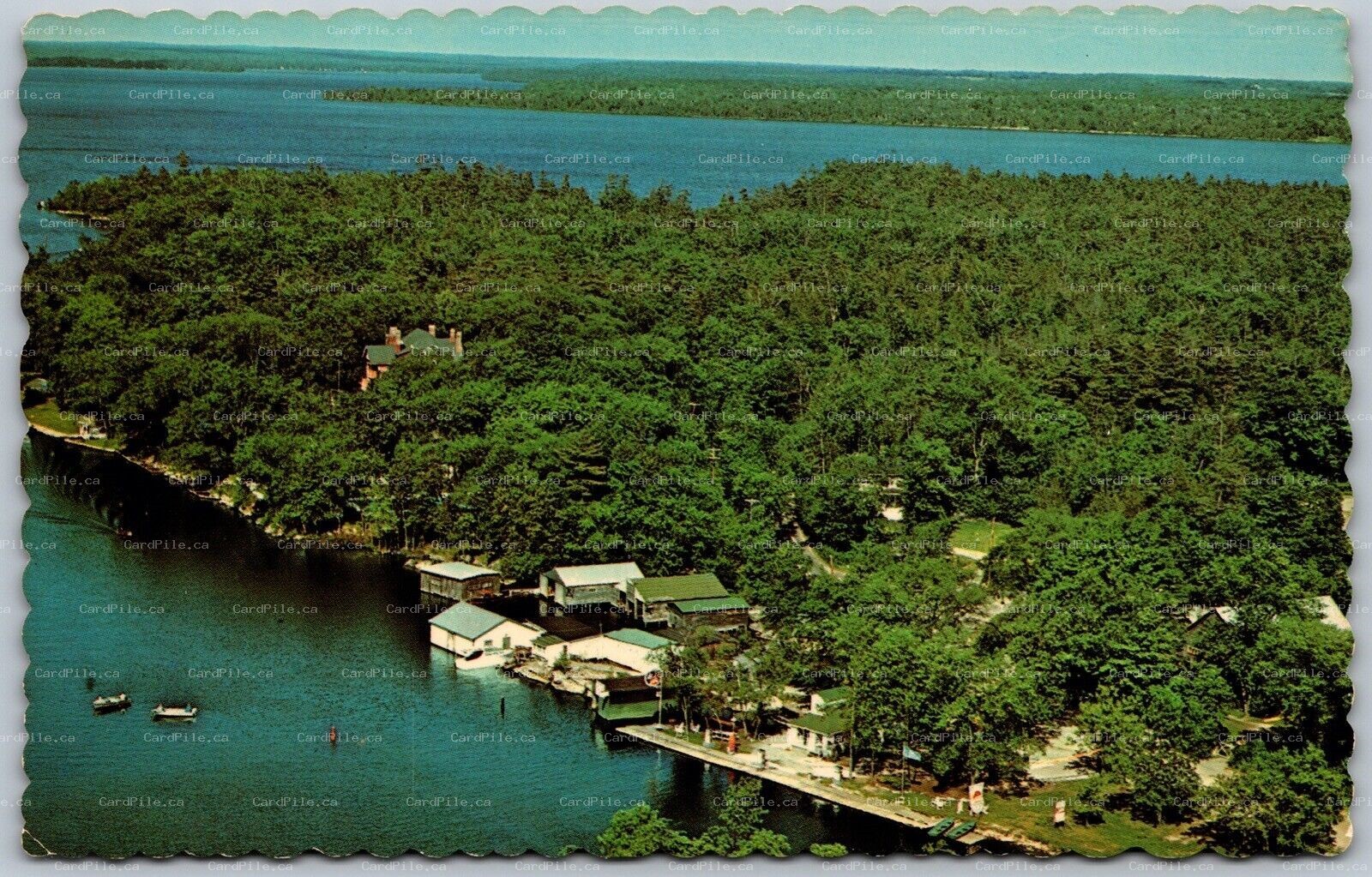 Postcard Bobcaygeon Ontario c1960s Canal Boat Livery Aerial View Kawarthas