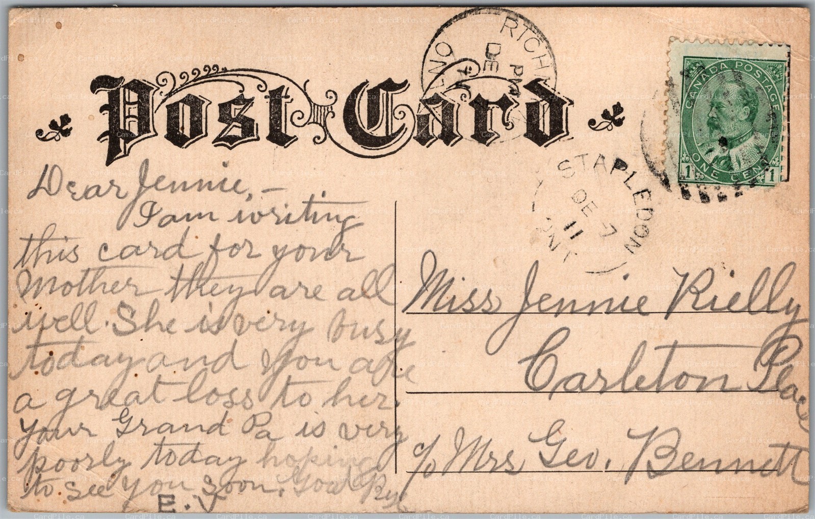 Postcard Split Ring Cancel c1911 Stapledon Ontario on Pietro Mascagni Opera