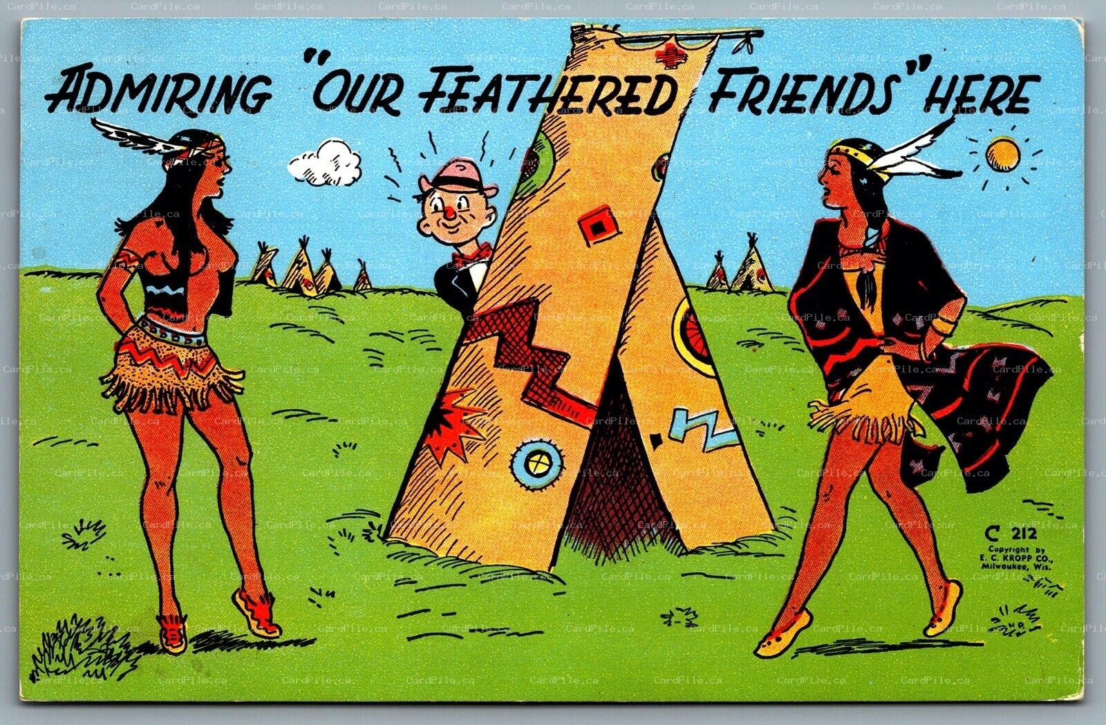 Postcard c1948 Comic Humor Admiring “Our Feathered Friends” Here Artist Signed