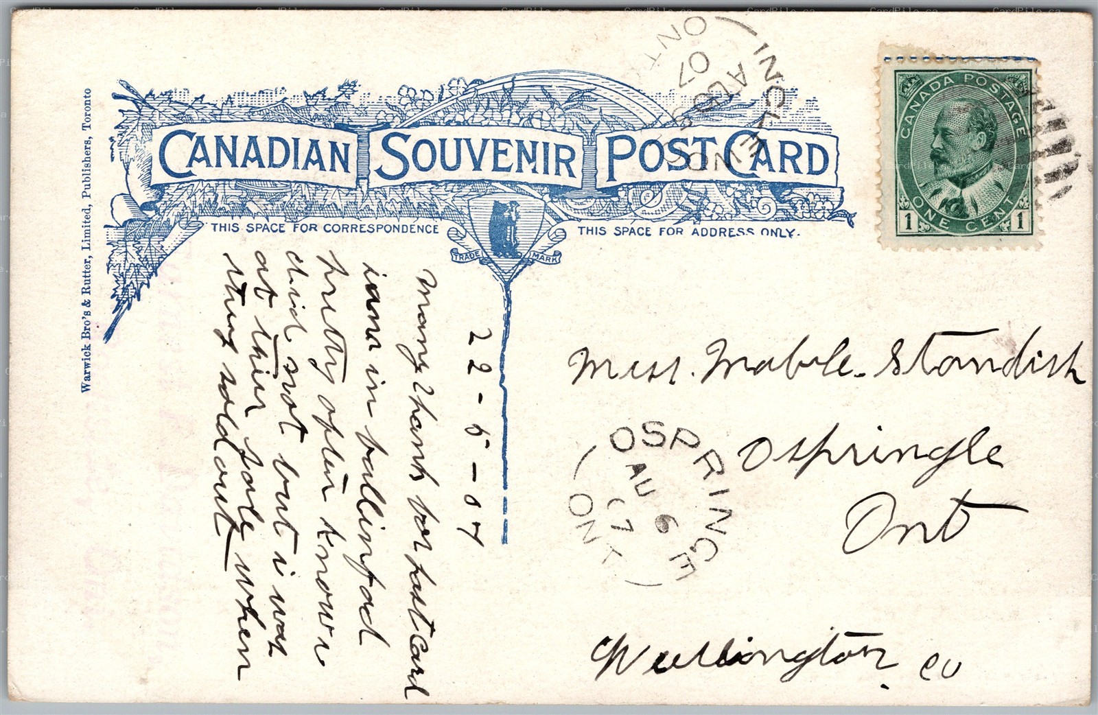 Postcard Split Ring Cancels c1907 Inglewood (Peel Region) and Ospringe Ontario