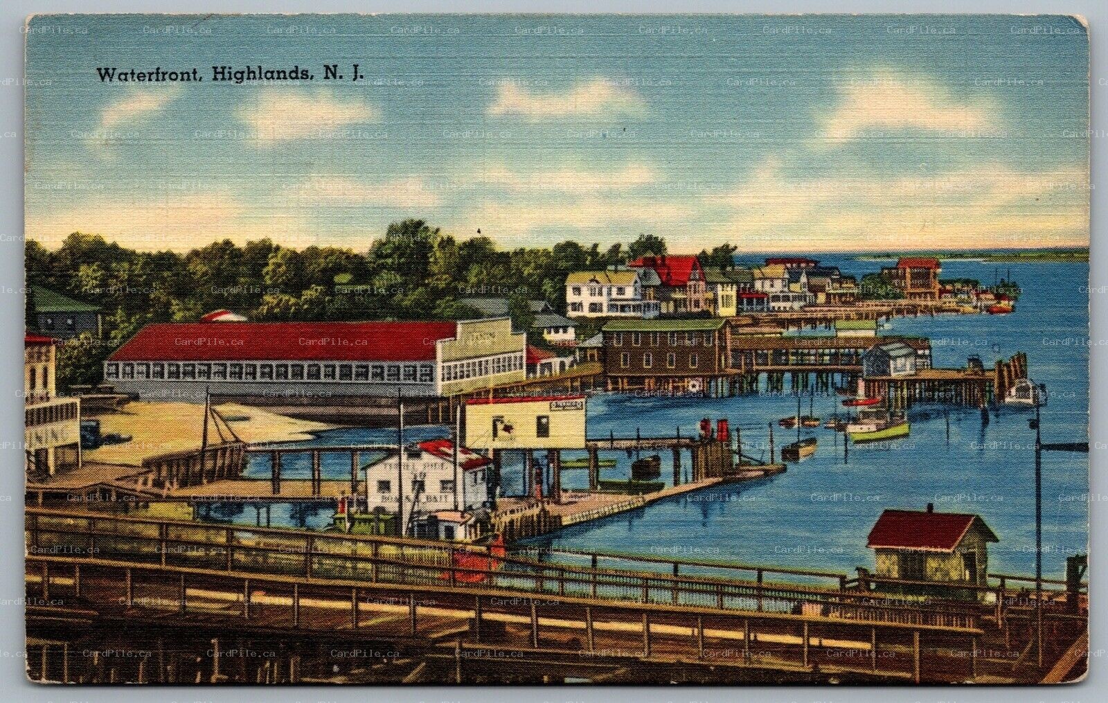 Postcard Highlands New Jersey c1940s Waterfront Pier Scene Monmouth County Linen