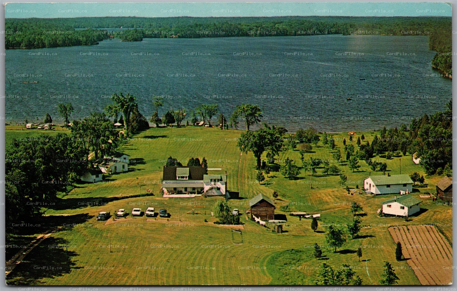 Postcard Elgin Ontario Pine Glen Lodge Clear Lake Rideau Lakes Aerial View