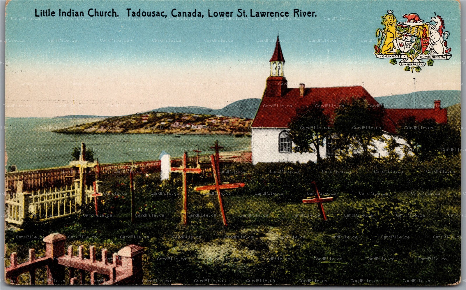 Postcard Tadousac Quebec Little Indian Church Lower St. Lawrence River Cemetery
