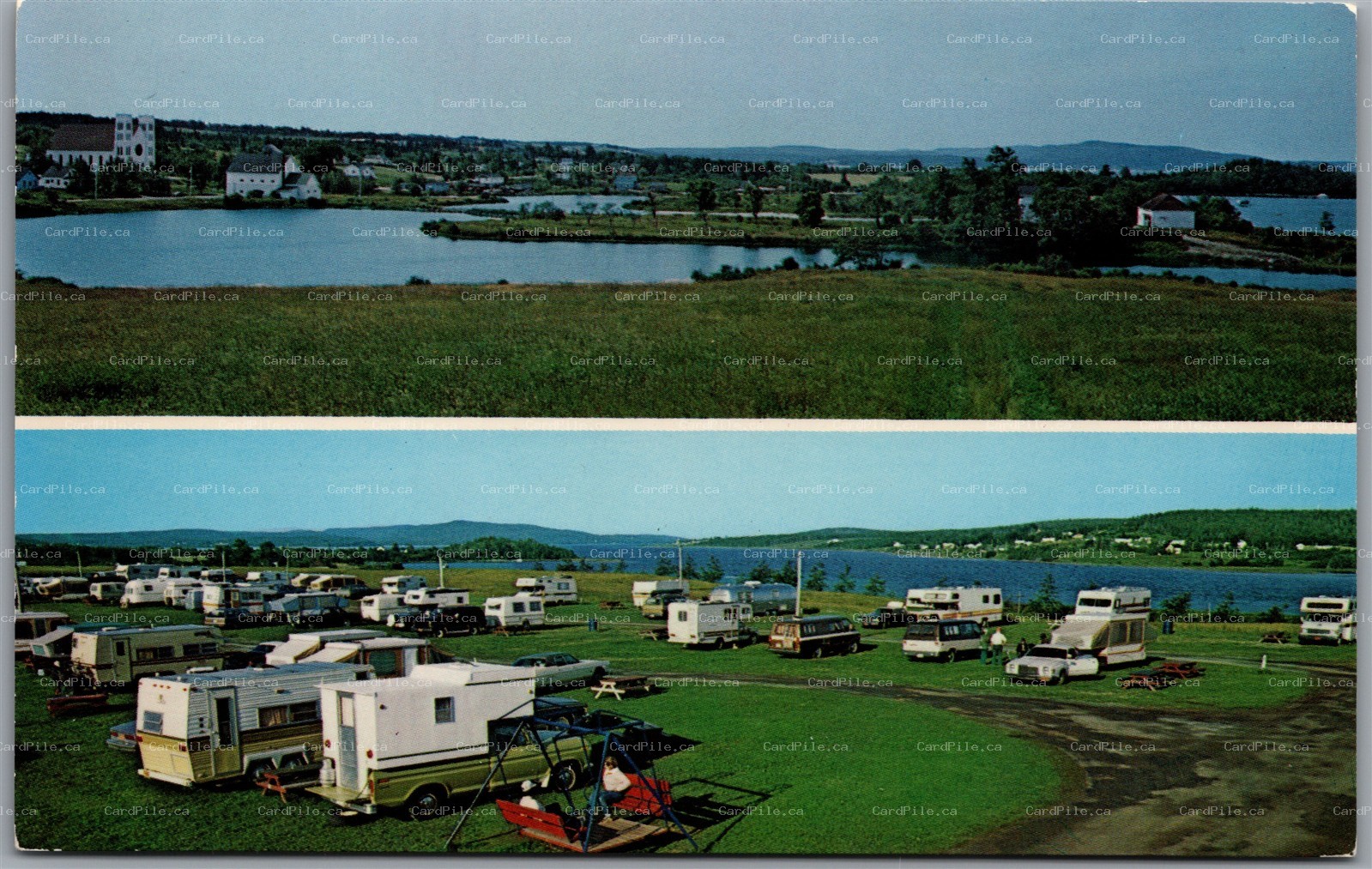 Postcard Bras d’Or Nova Scotia Arm of Gold Campground Trailer Park Dual View 