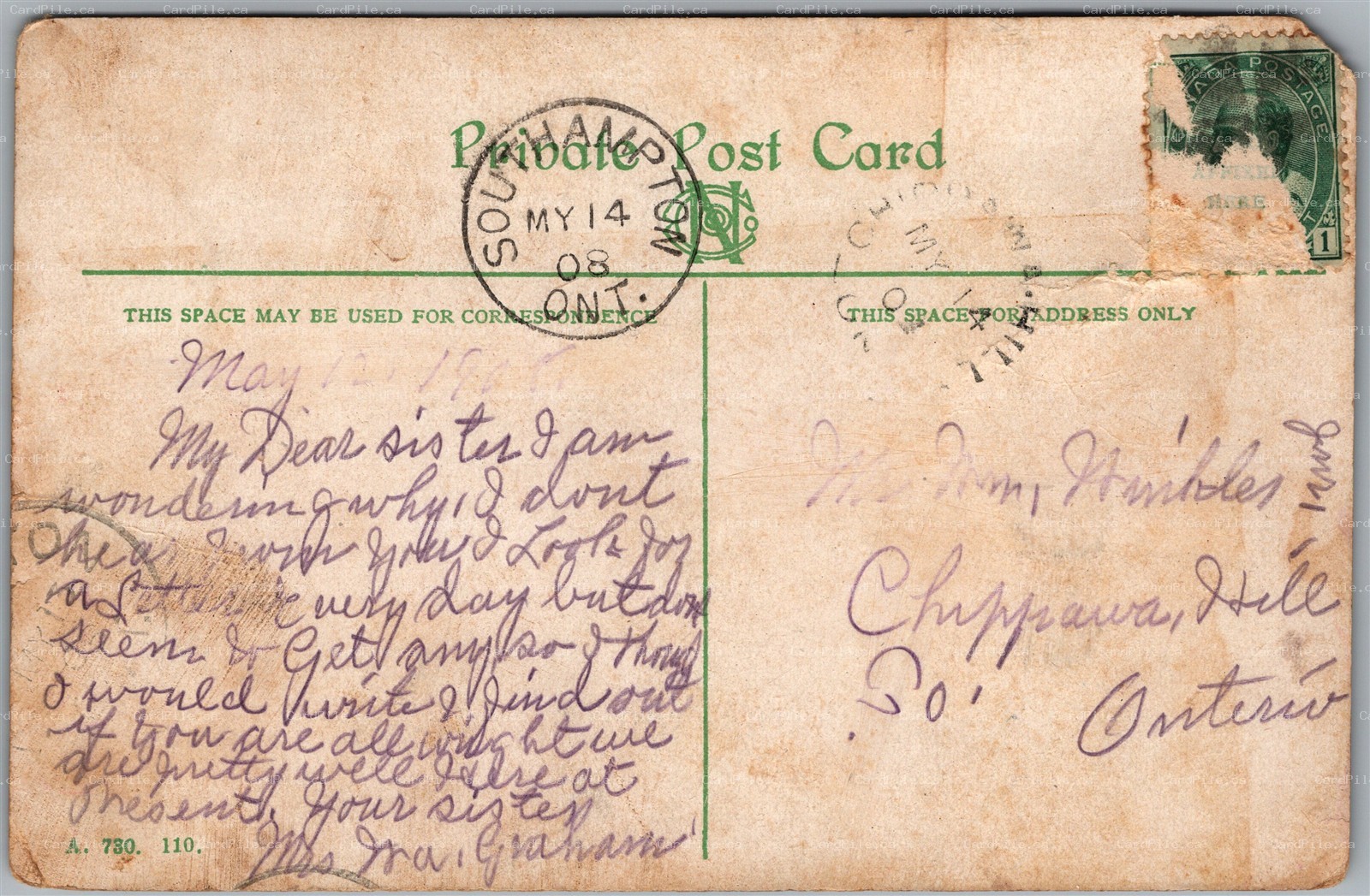 Postcard Split Ring Cancel c1908 Chippawa Hill Ontario from Southampton ONT