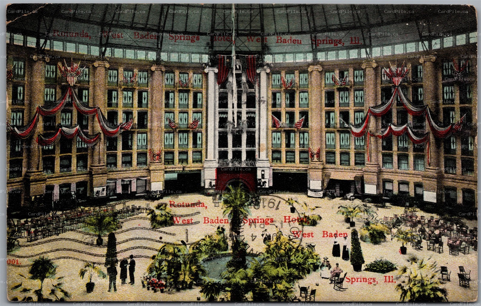 Postcard West Baden Indiana c1910 Rotunda Springs American Flags by I. Stern