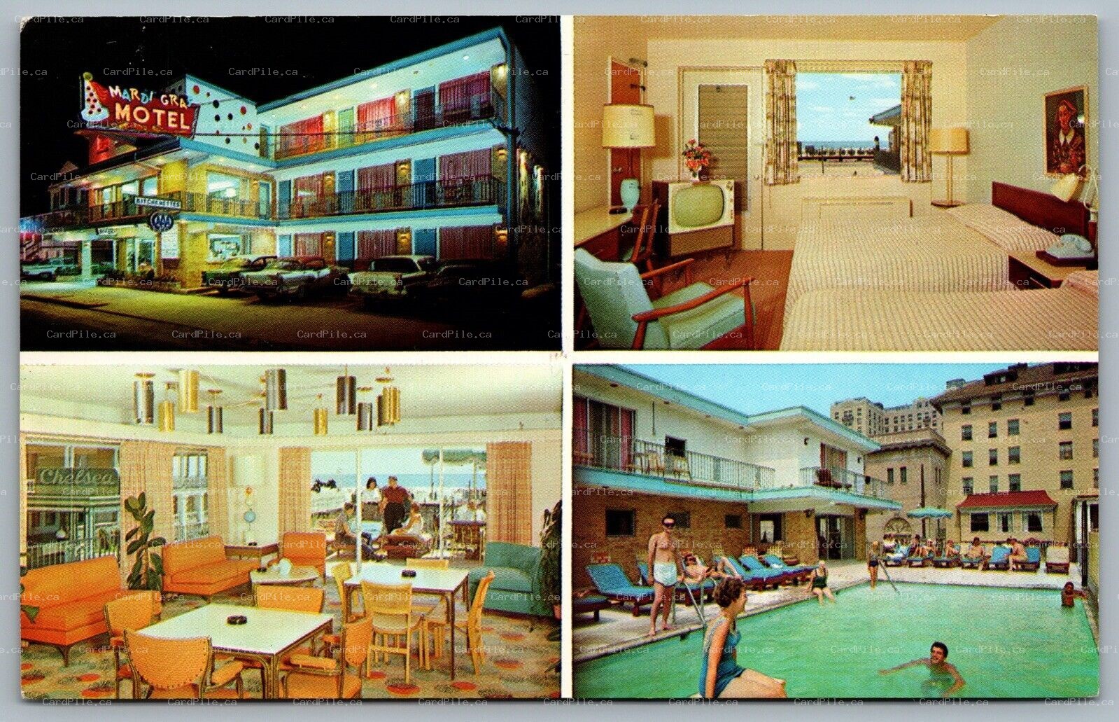 Postcard Atlantic City NJ c1969 Mardi Gras Motel Multi View Pool Cars MCM 