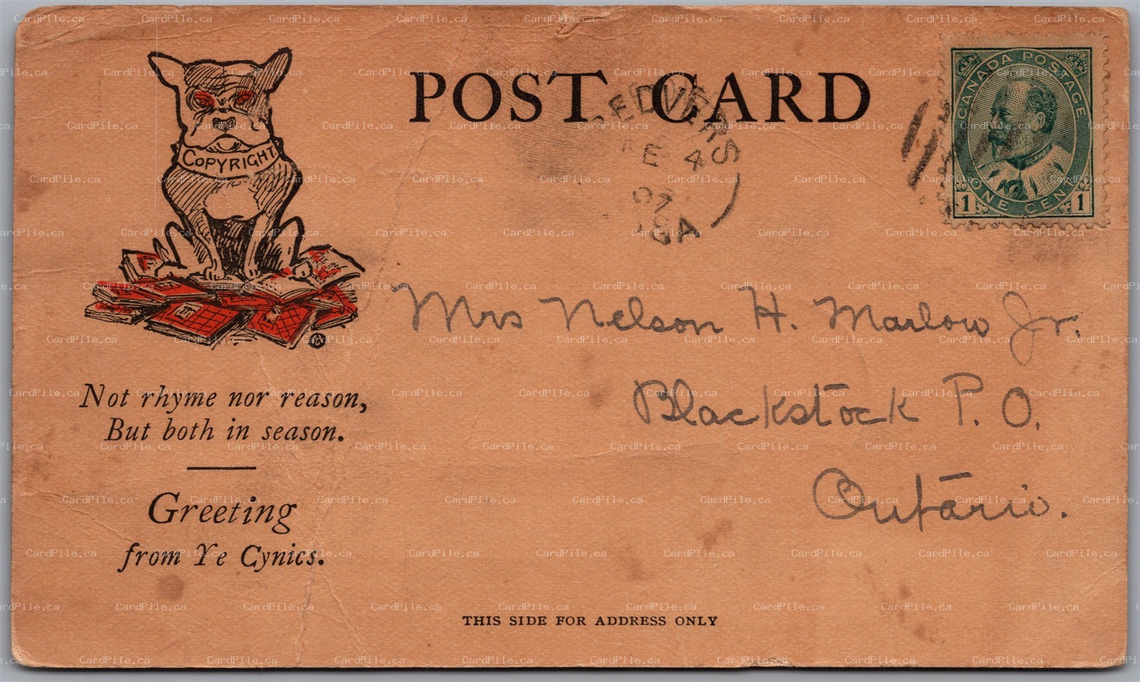 Postcard Split Ring Cancel c1907 Redvers Assiniboia to Blackstock Ontario