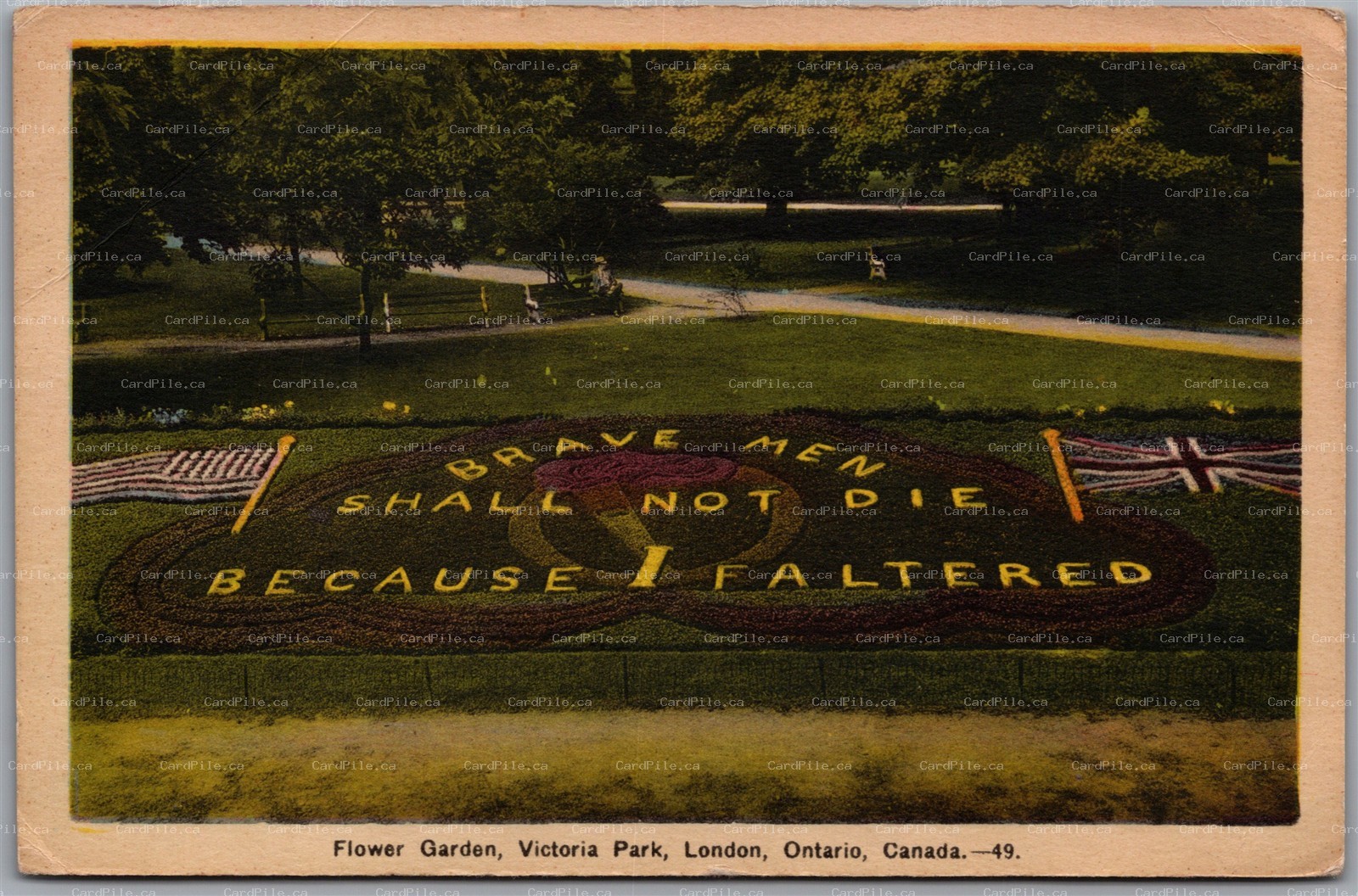 Postcard London Ontario Flower Garden Victoria Park Patriotic Flags WW2 PECo