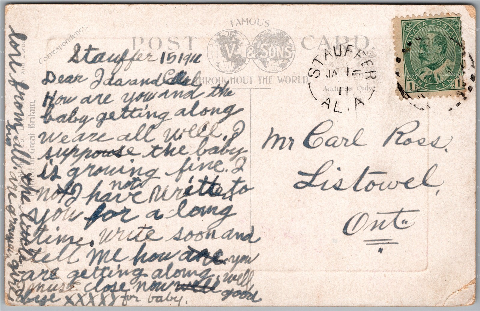 Postcard Split Ring Cancel c1911 Stauffer Alberta to Listowel Ontario