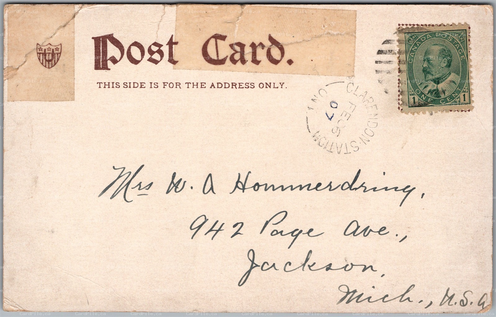 Postcard Split Ring Duplex Cancel c1907 Clarendon Station Ontario to Jackson MI