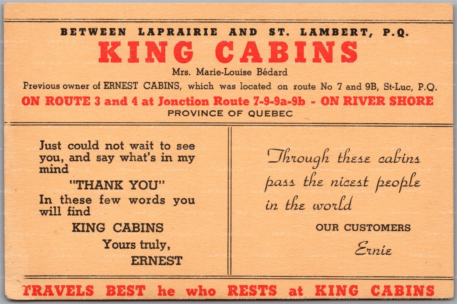 Postcard Laprairie St. Lambert Quebec King Cabins Advertisement