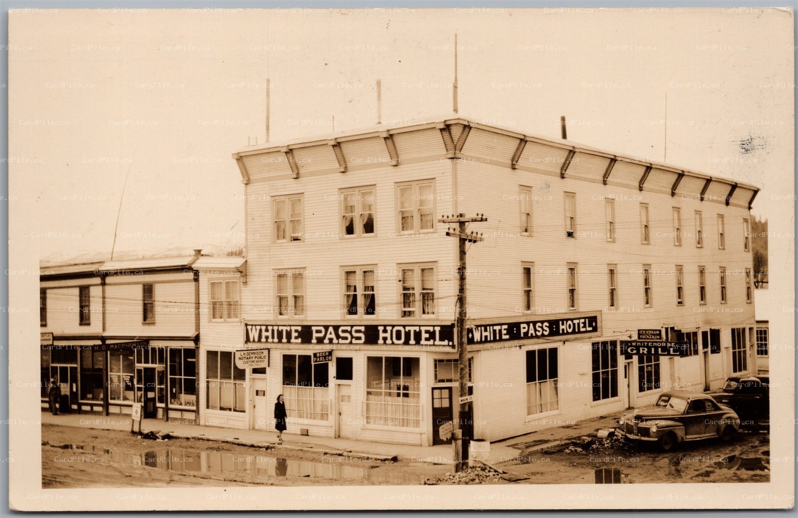 Postcard RPPC c1920s Whitehorse Yukon White Pass Hotel Grill Beer Old Cars