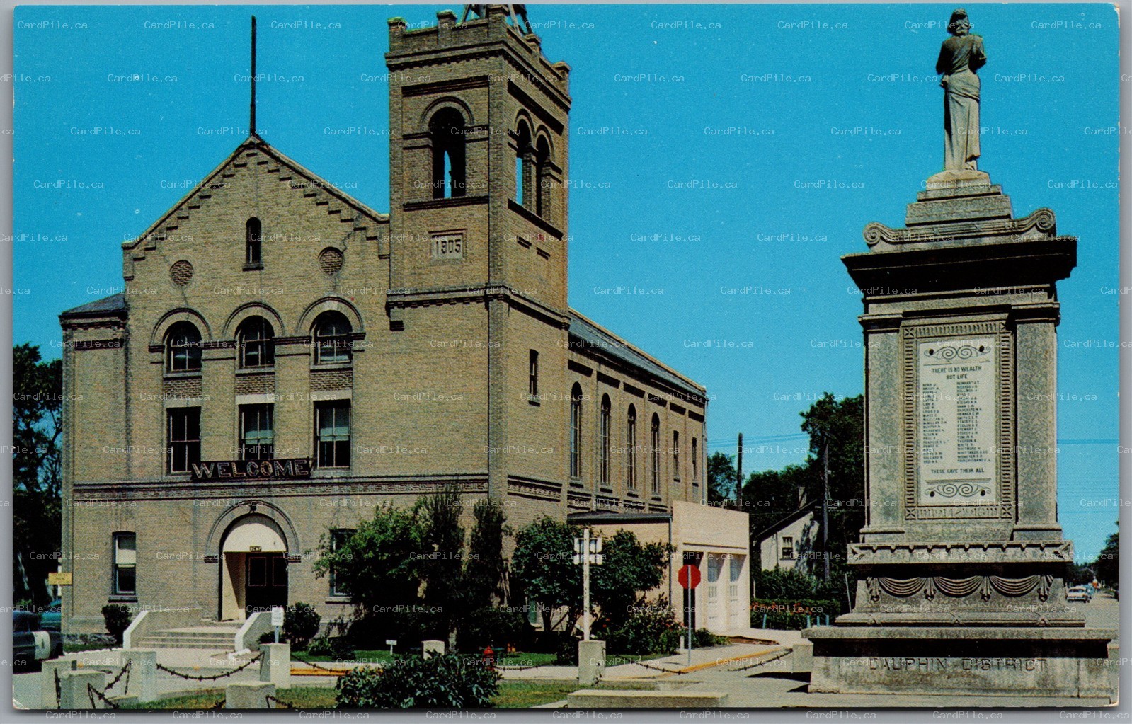Postcard Dauphin Manitoba Cenotaph and Town Hall