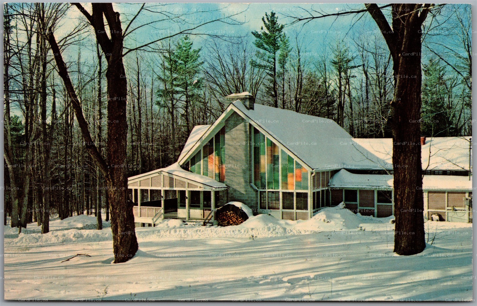 Postcard Windsor NY East Shore Dining Assembly Hall Winter Sky Lake Wyoming Conf