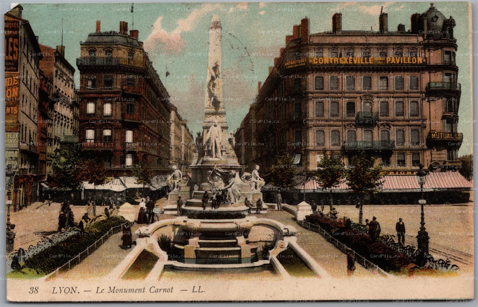 Postcard Lyon France Le Monument Carnot Fountain Street Scene