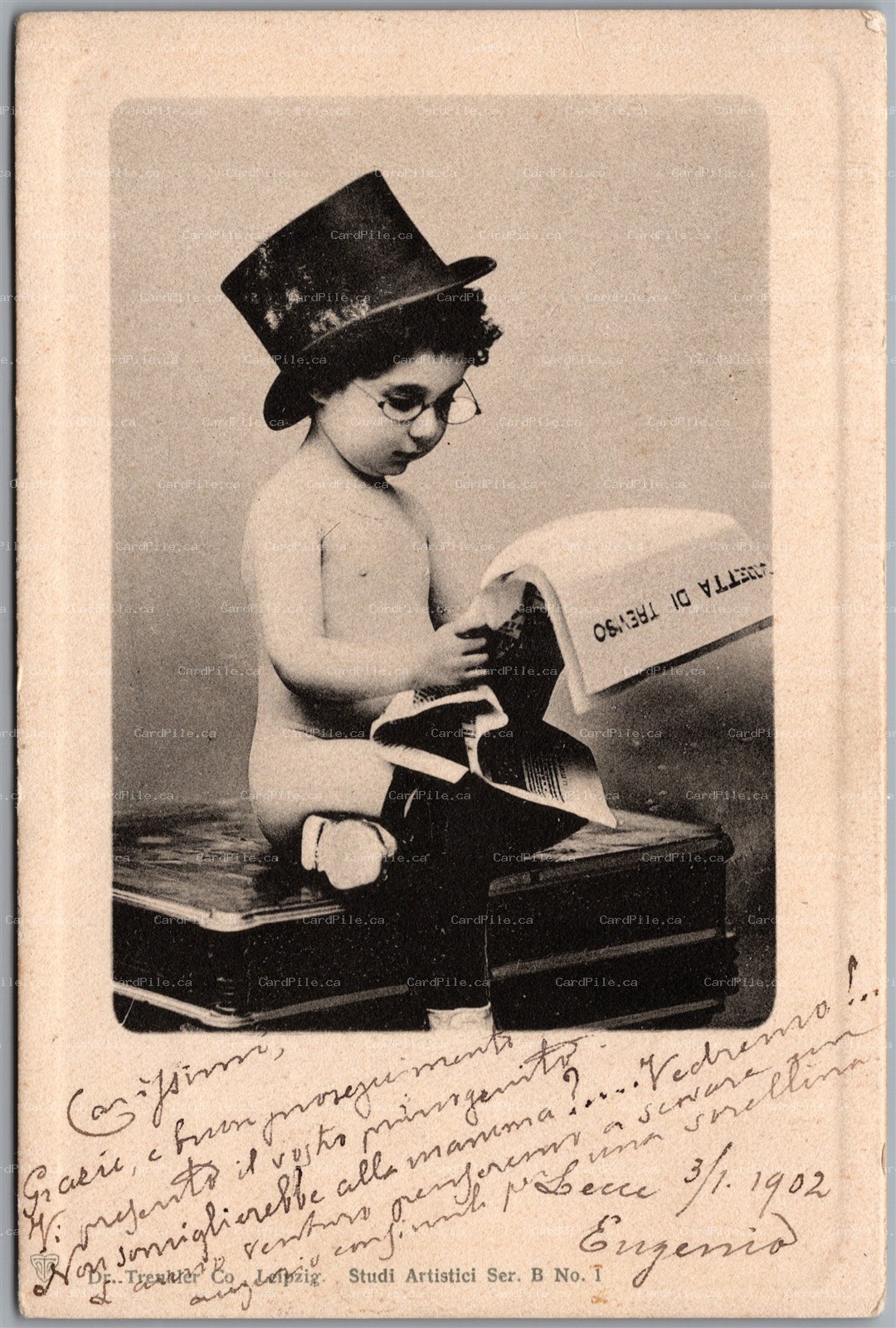 Postcard 1902 Child in Top Hat Reading Newspaper Lecce to Savona Italy