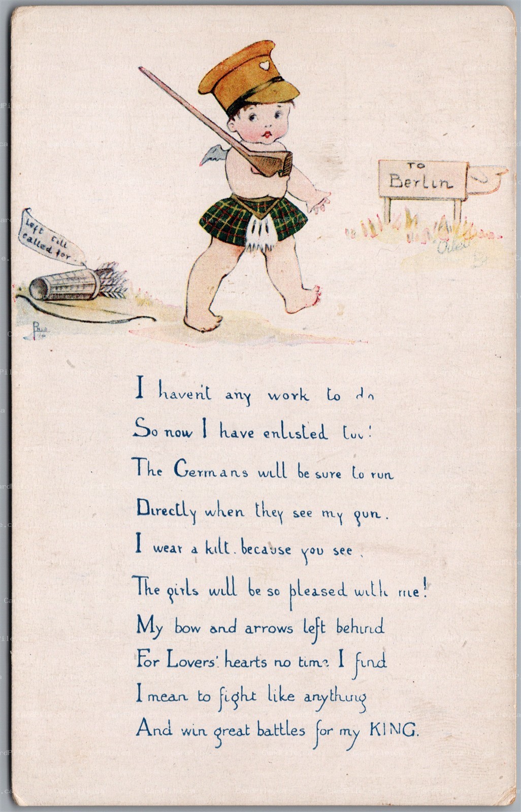 Postcard c1910s Tuck WWI Comic Cupid in Kilt Rifle March Off to Berlin