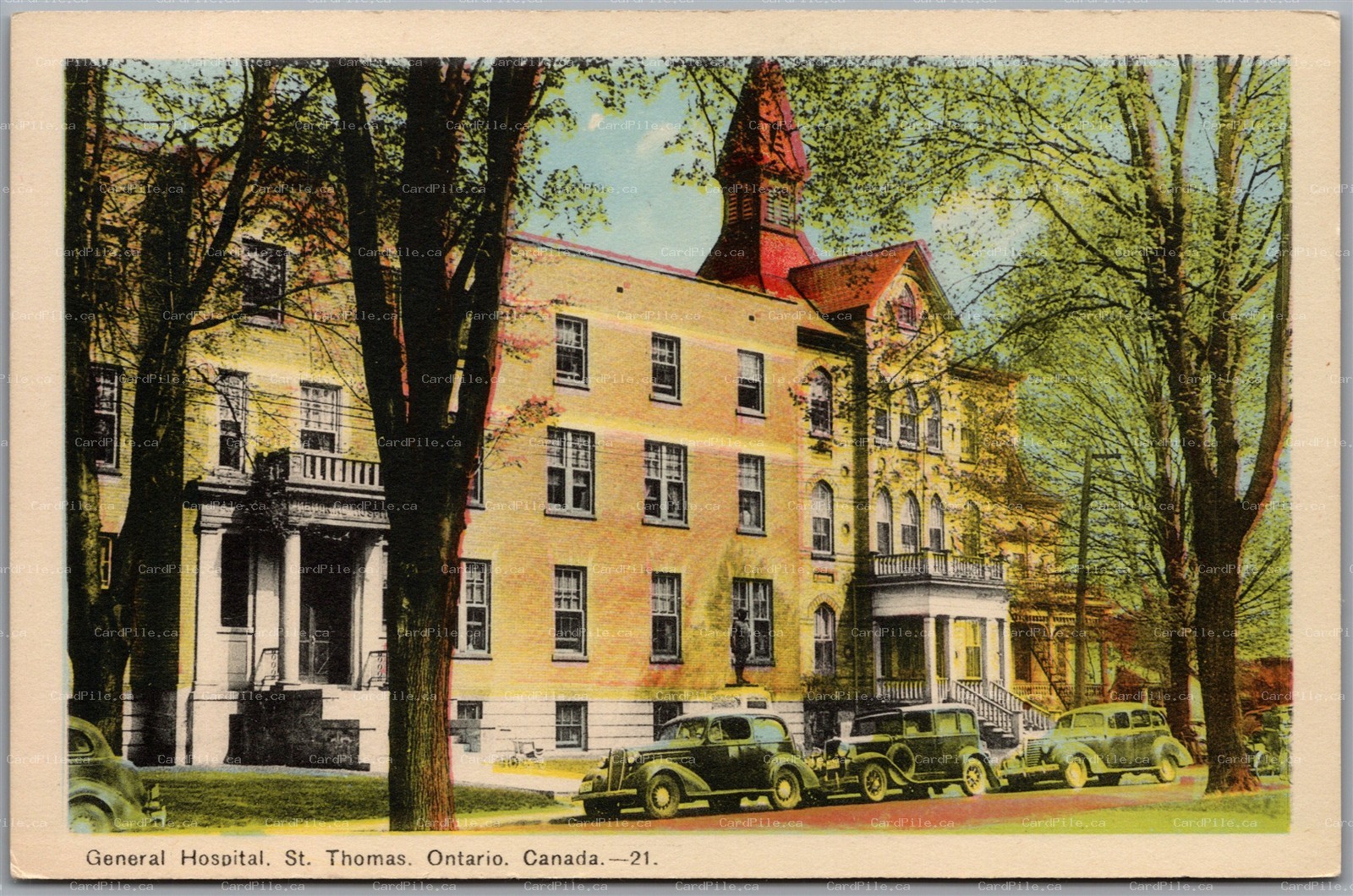 Postcard St. Thomas Ontario General Hospital Old Cars Elgin County PECo