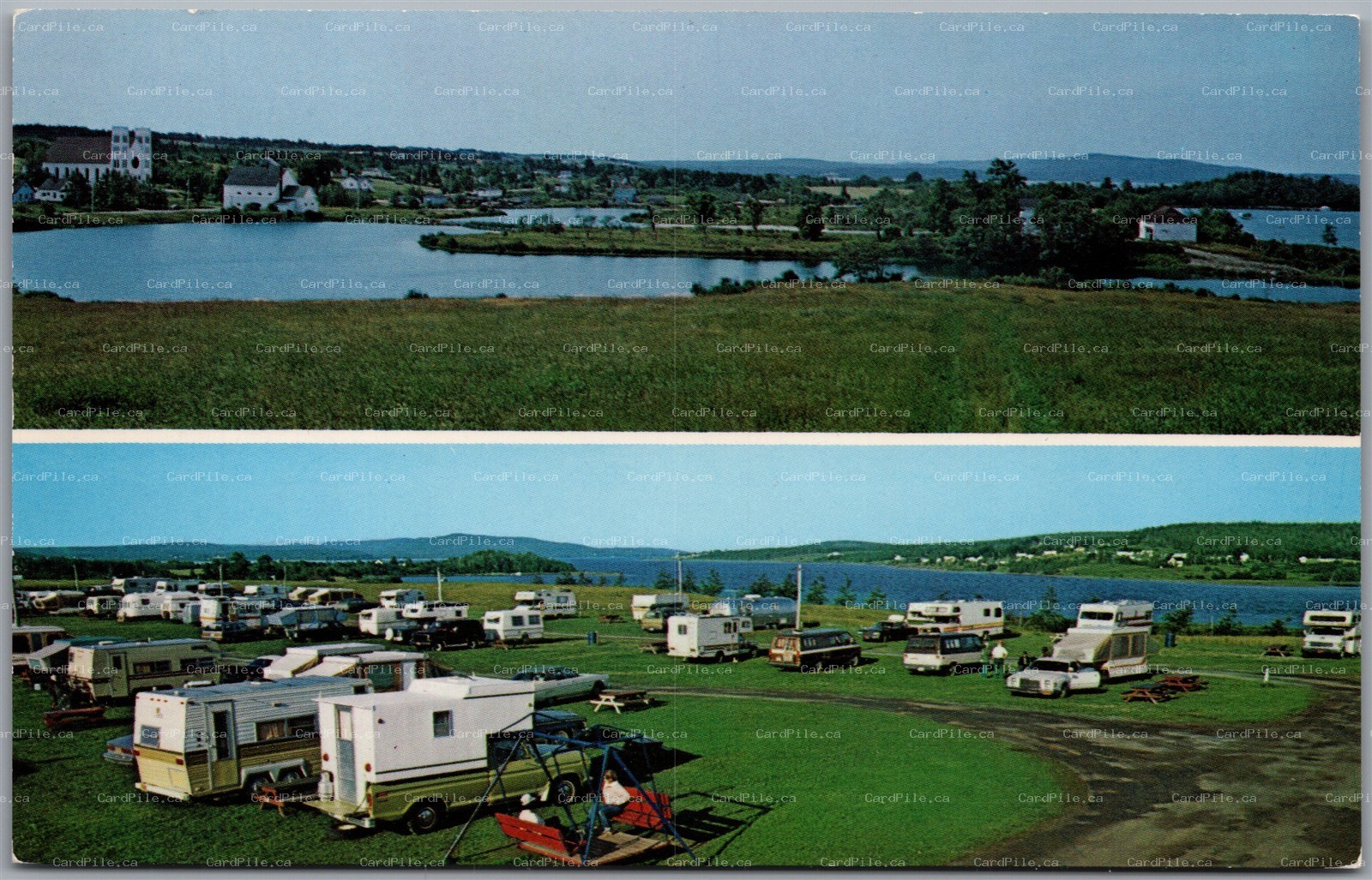 Postcard Bras d’Or Nova Scotia Arm of Gold Campground and Trailer Park Old Cars
