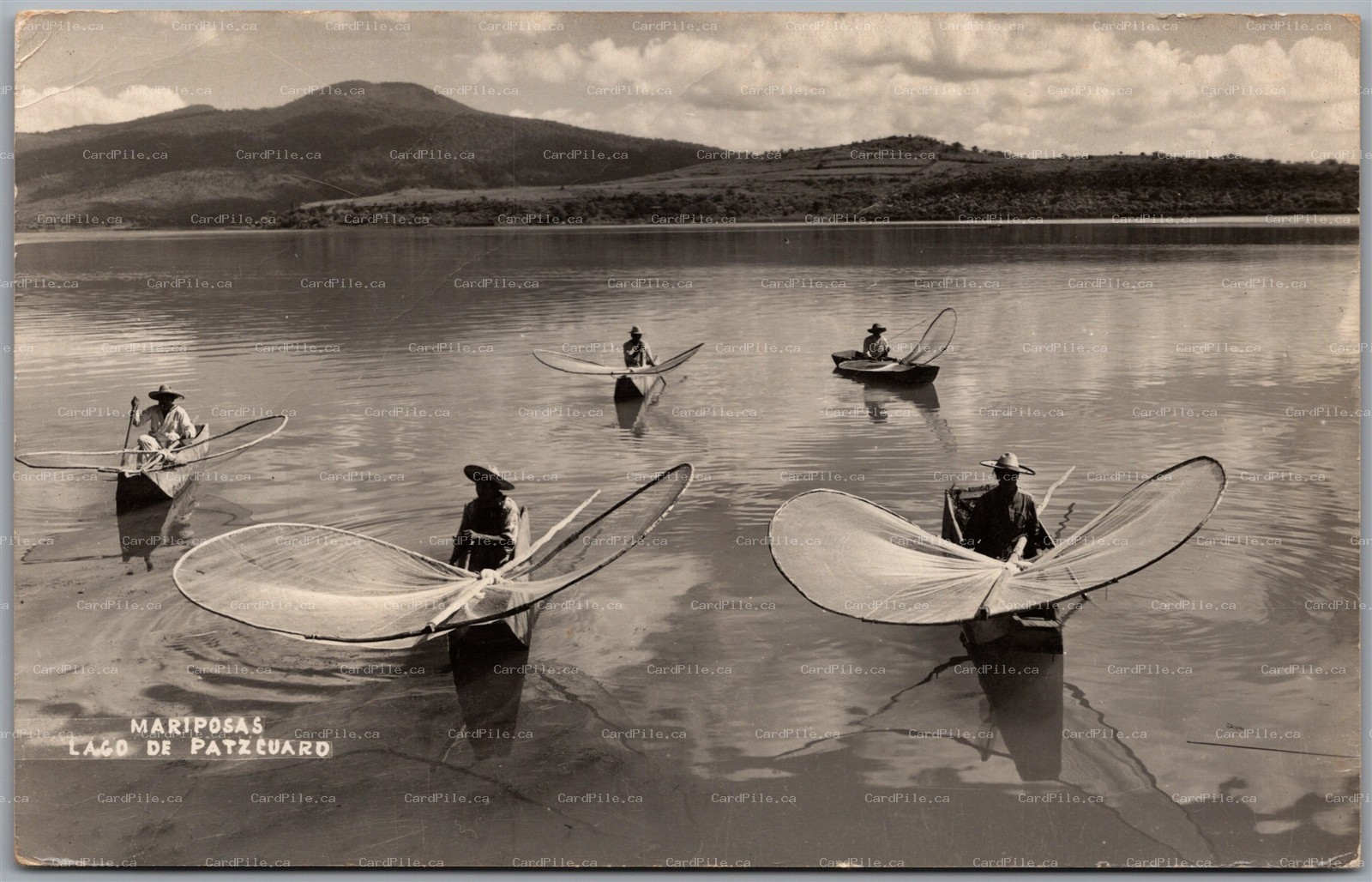 Postcard RPPC c1934 Mariposas Mexico Lago de Pátzcuaro Butterfly Fishermen