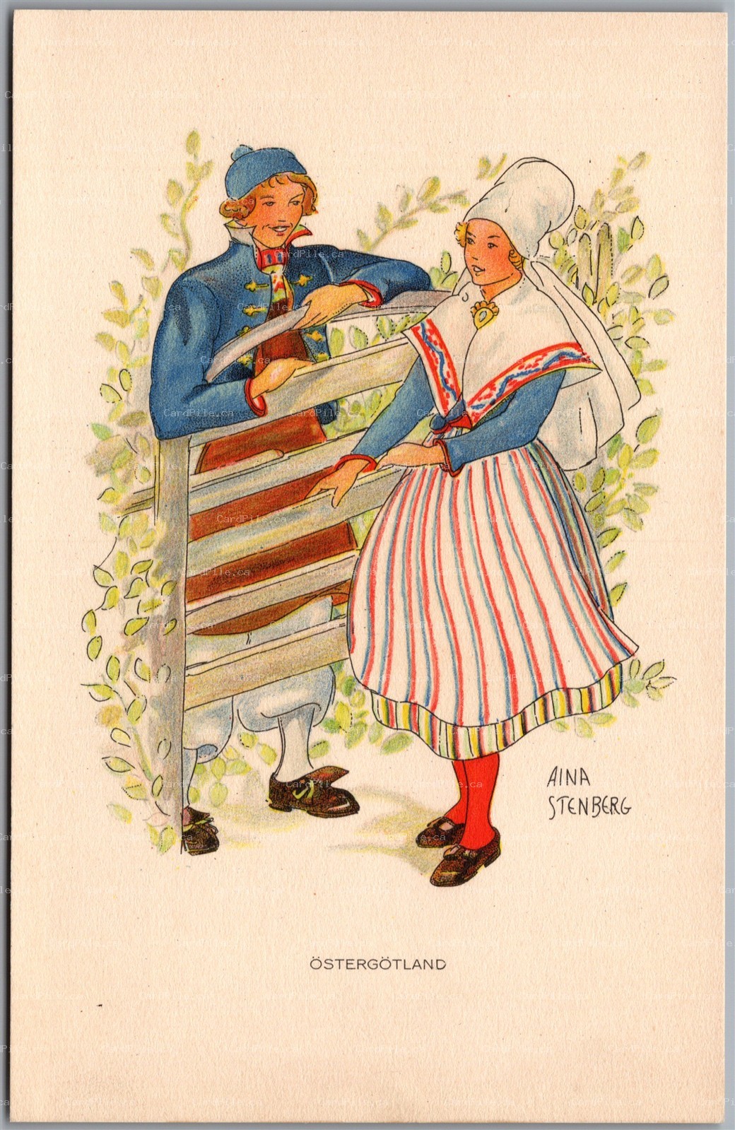 Postcard Östergötland Sweden Folk Costumes Artist Signed Aina Stenberg