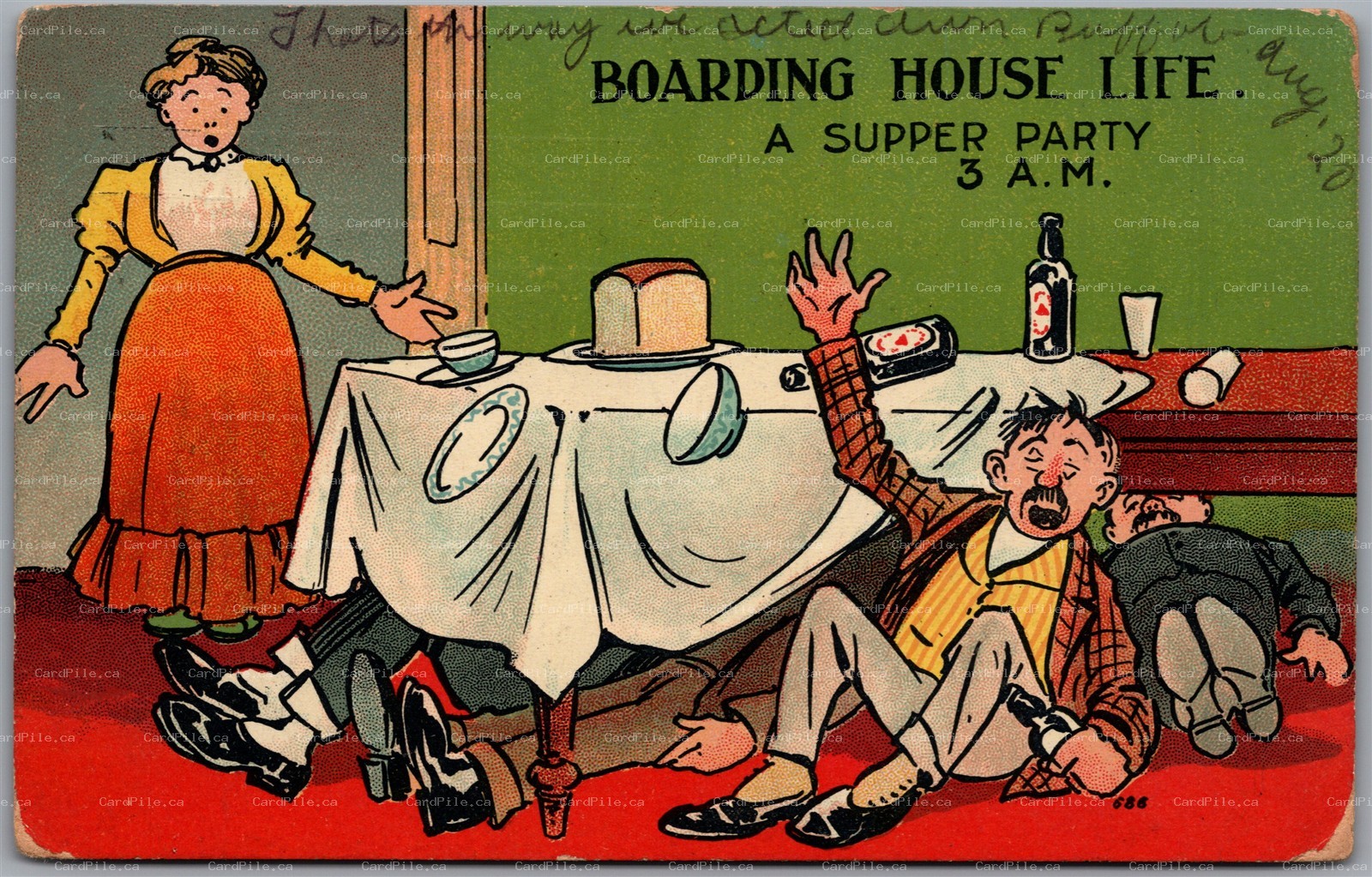 Postcard c1911 Boarding House Life Comic Supper Party 3AM to U.S.S. Connecticut