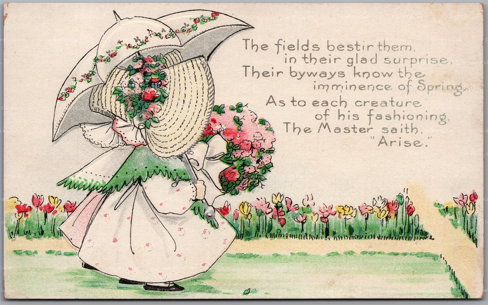 Postcard Girl with Flowers in Garden Spring Verse Embossed Alcan Moss Publishing