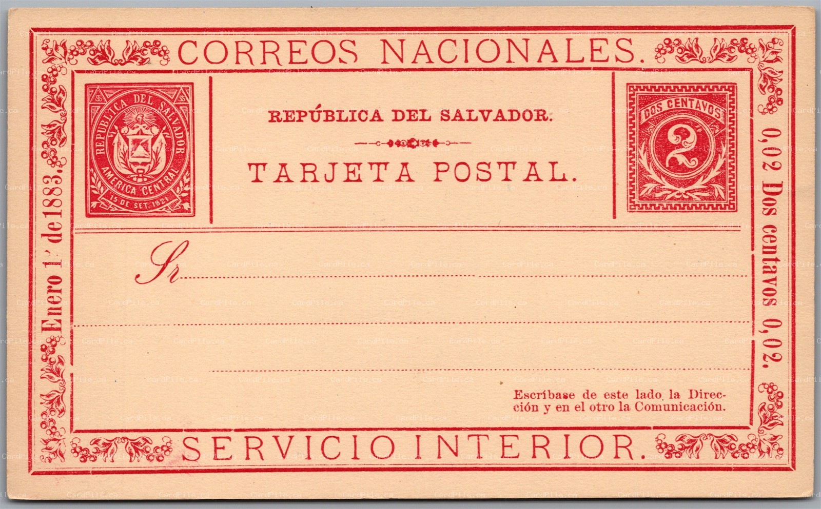 Postcard 1883 El Salvador Tarjeta Postal 2 Centavos Postal Stationery