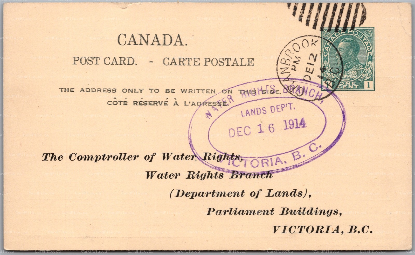 Postcard 1914 British Columbia Water Rights Branch Oval Stamp Victoria