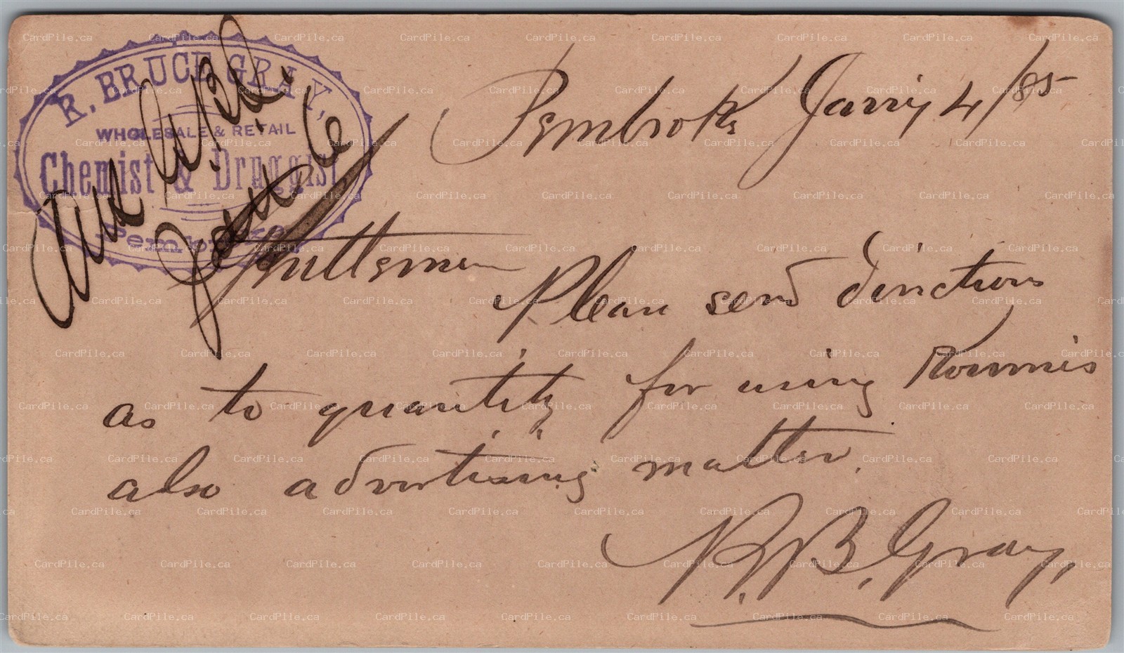 Postcard 1885 1c Small Queen Pembroke to Hamilton R. Bruce Gray Chemist Druggist