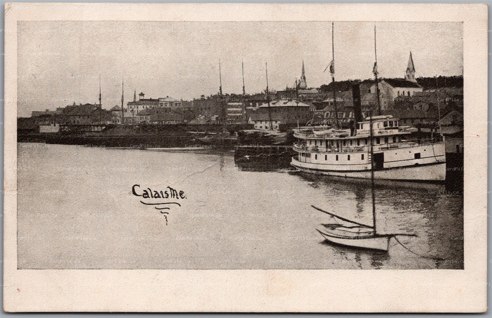 Postcard Calais Maine Waterfront Harbor View with Boats and Churches