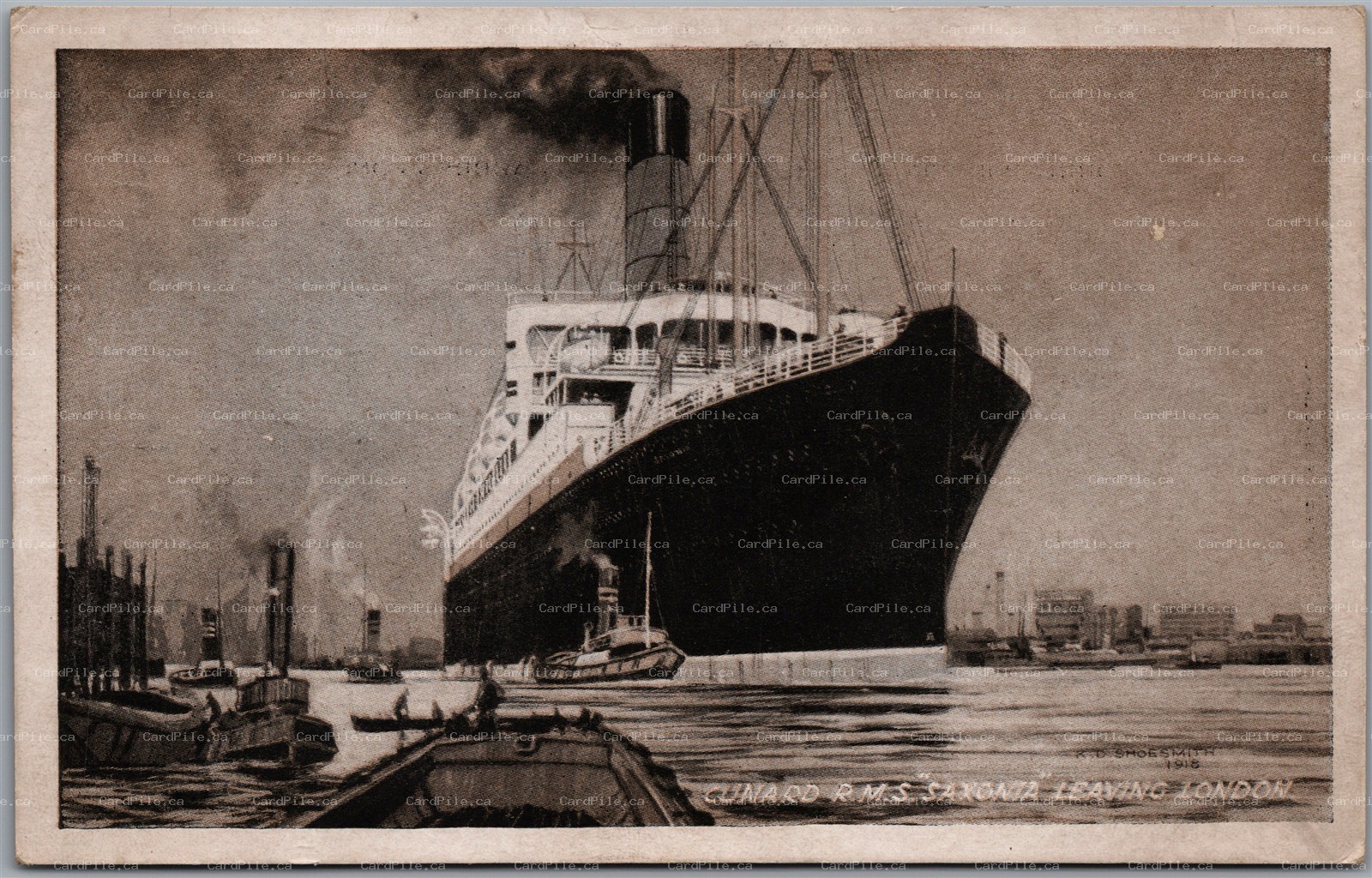 Postcard c1918 Cunard RMS Saxonia Leaving London by R.D. Shoesmith