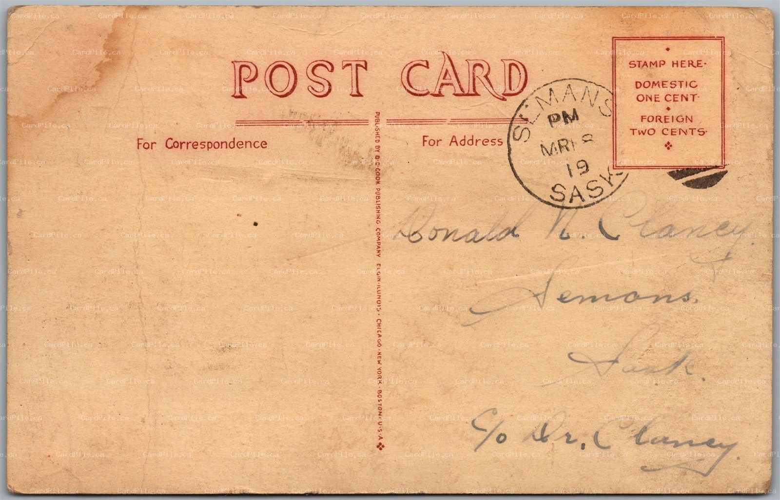 Postcard CDS Cancel Seamans Saskatchewan c1919 Cradle Roll Greeting Birthday
