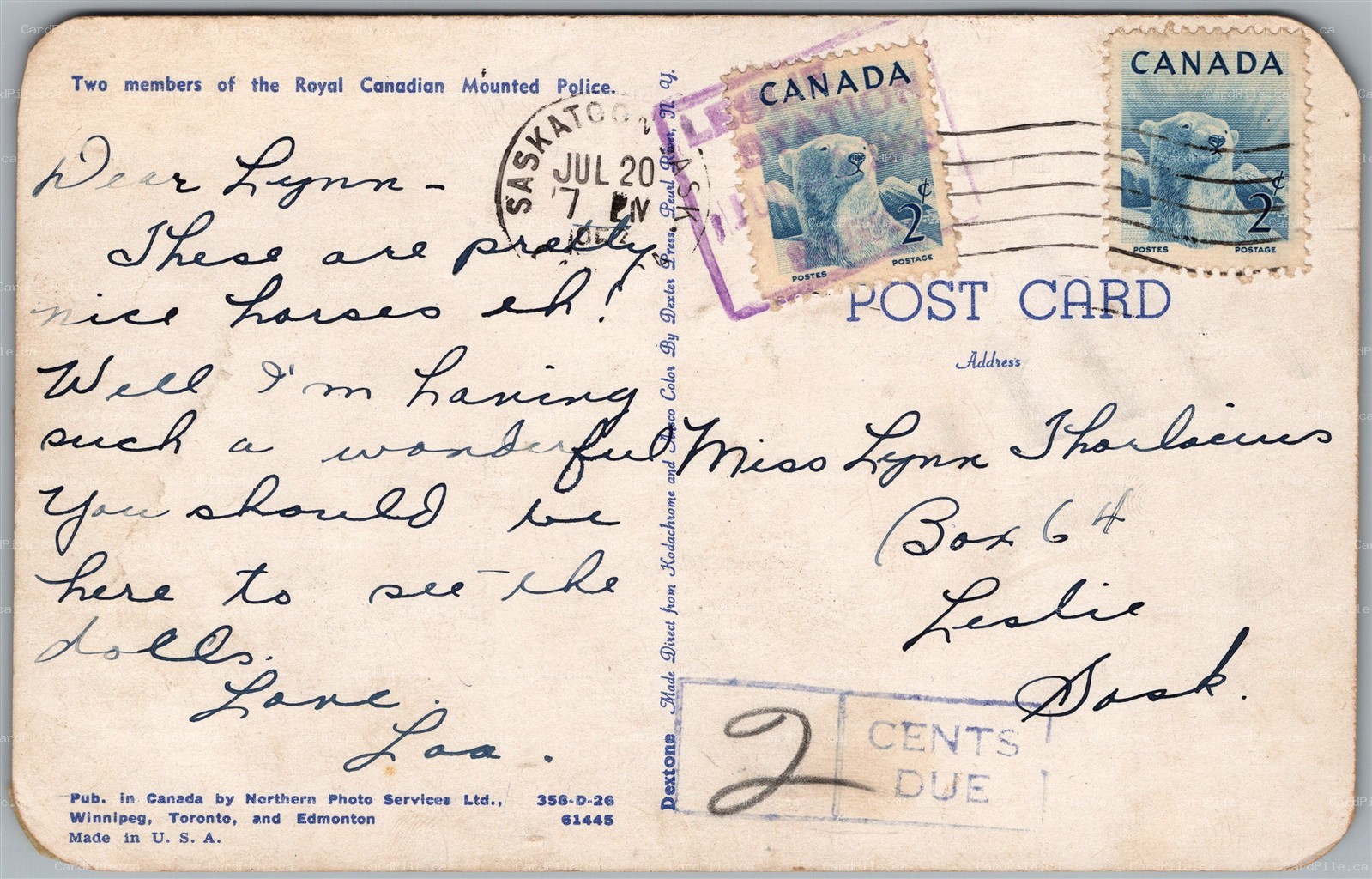 Postcard Saskatchewan c1953 Leslie Station Cancel RCMP Mounted Police on Horses