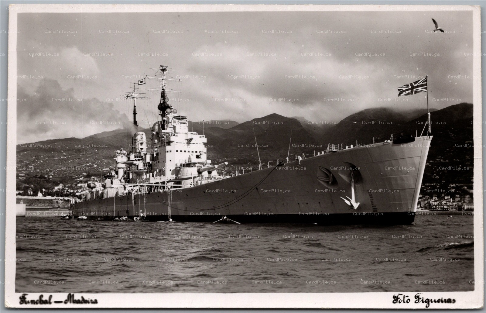 Postcard RPPC Funchal Madeira Portugal HMS Vanguard British Warship