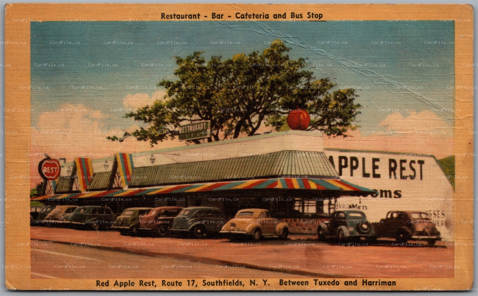 Postcard Southfields New York Red Apple Rest Route 17 Restaurant and Bus Stop