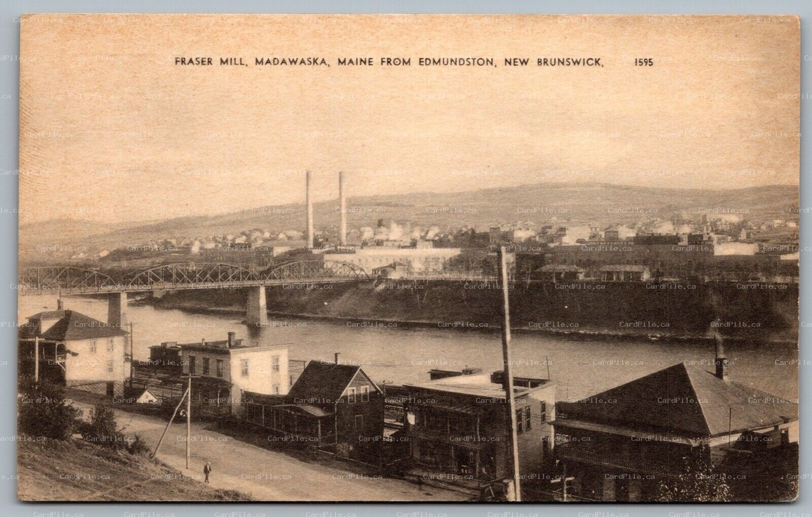 Postcard Edmundston NB c1930s Fraser Mill Madawaska Maine Bridge Smokestacks