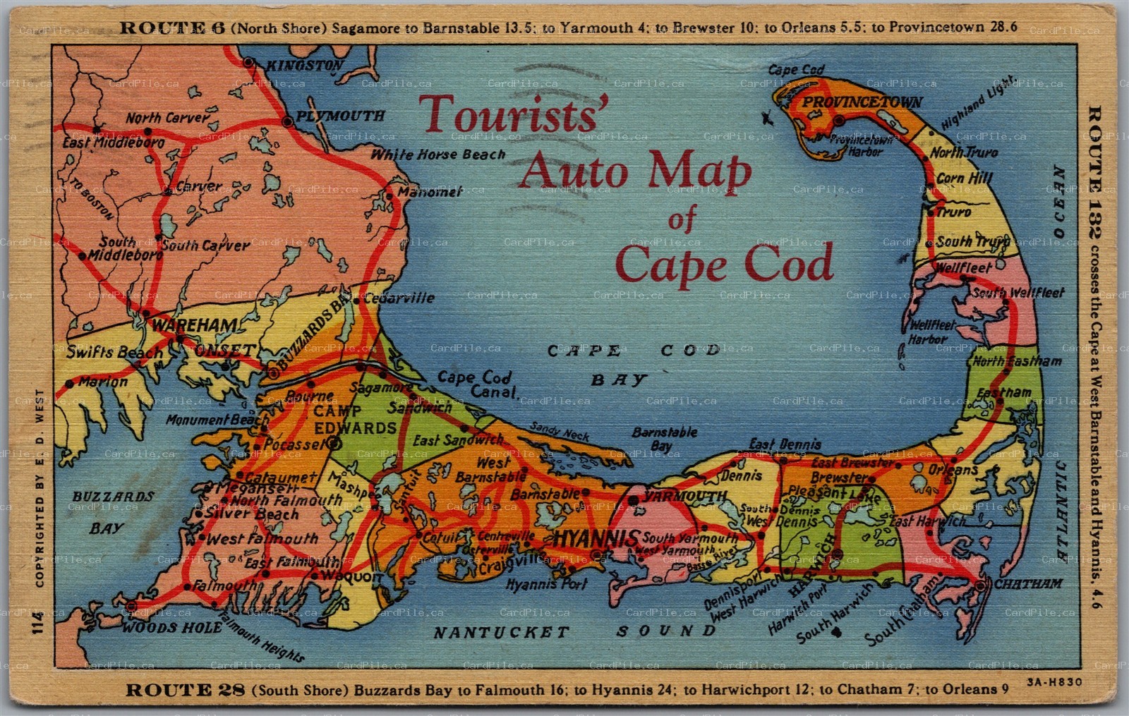 Postcard Cape Cod Massachusetts 1947 Tourists Auto Map Route 6, 132, 28