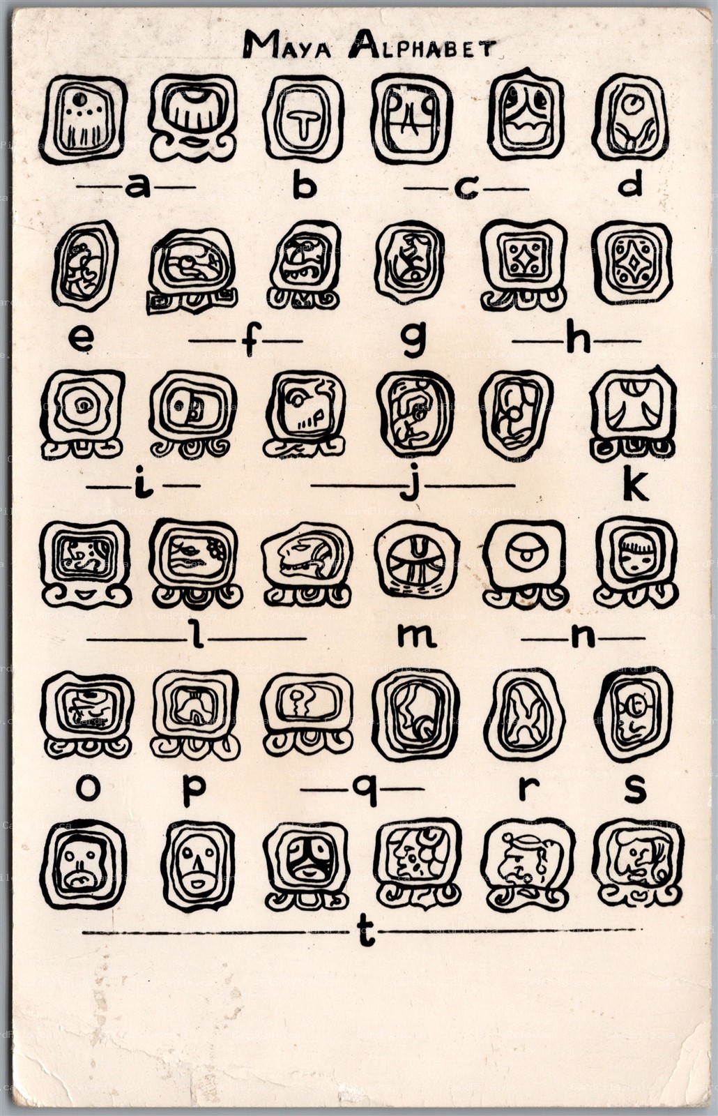 Postcard Maya Alphabet Mexico 1940s Illustrated Glyph Chart