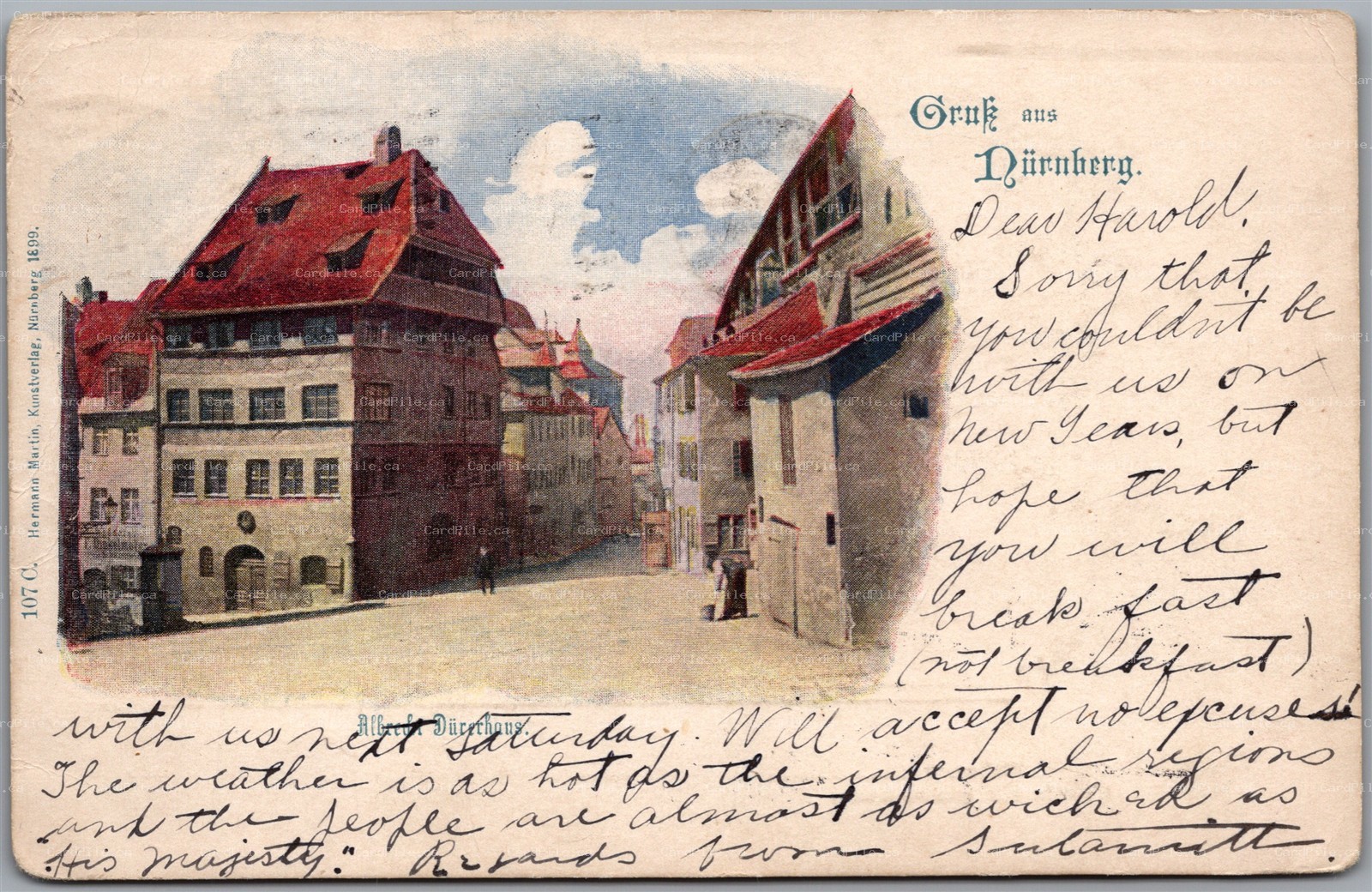 Postcard Gruss aus Nürnberg Bavaria Germany 1906 Albrecht Dürerhaus Street View