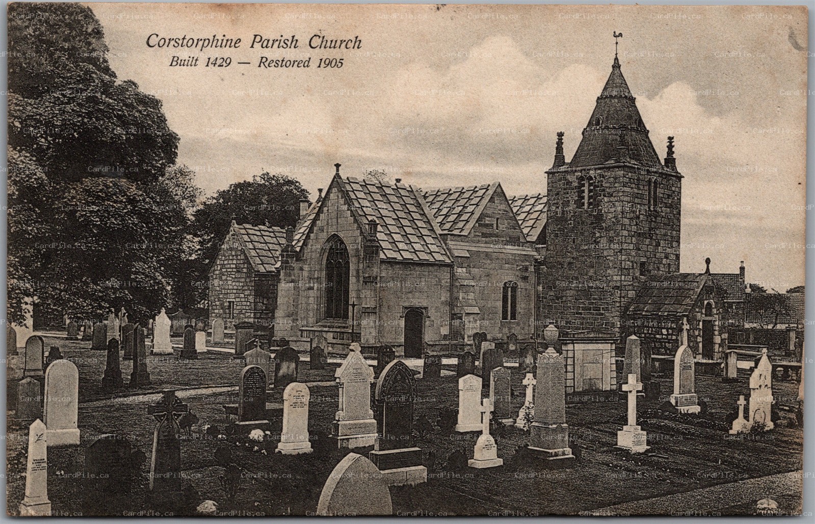 Postcard Corstorphine Scotland 1907 Parish Church Cemetery Graveyard Headstones