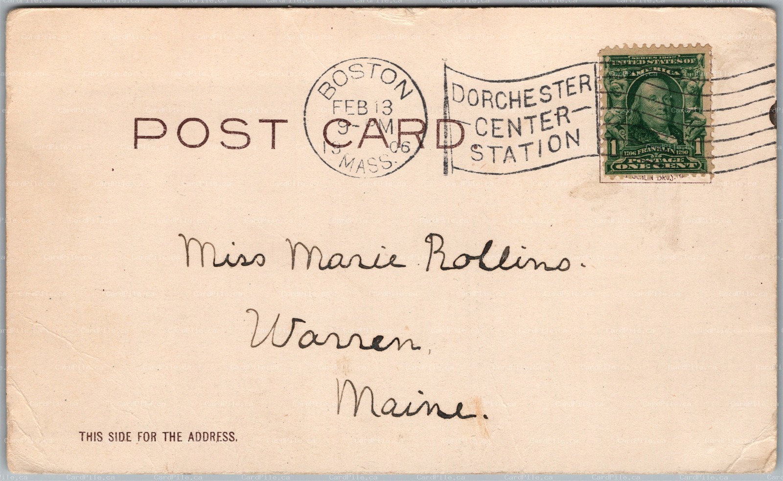 Postcard 1906 Valentines Boston Massachusetts Dorchester Center Sta. Flag Cancel