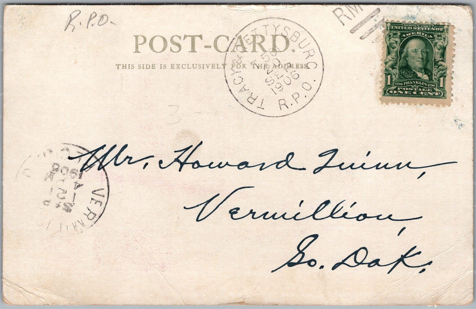 Postcard c1906 CDS RPO Cancel Tracy & Gettysburg T501 to Vermillion South Dakota